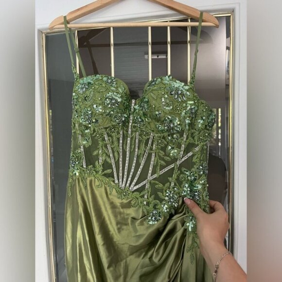 Olive Green Prom Evening Gown Beaded Corset Satin Dress Side Slit - Picture 6 of 9